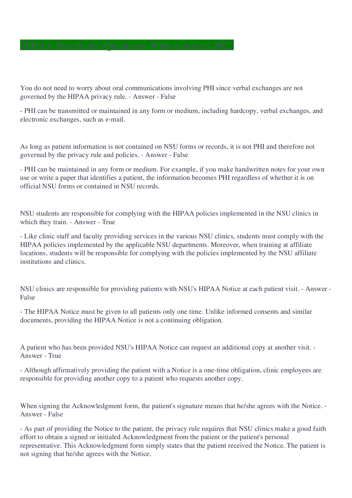 Preview image of HIPAA True/False Questions With Answers 2022 document